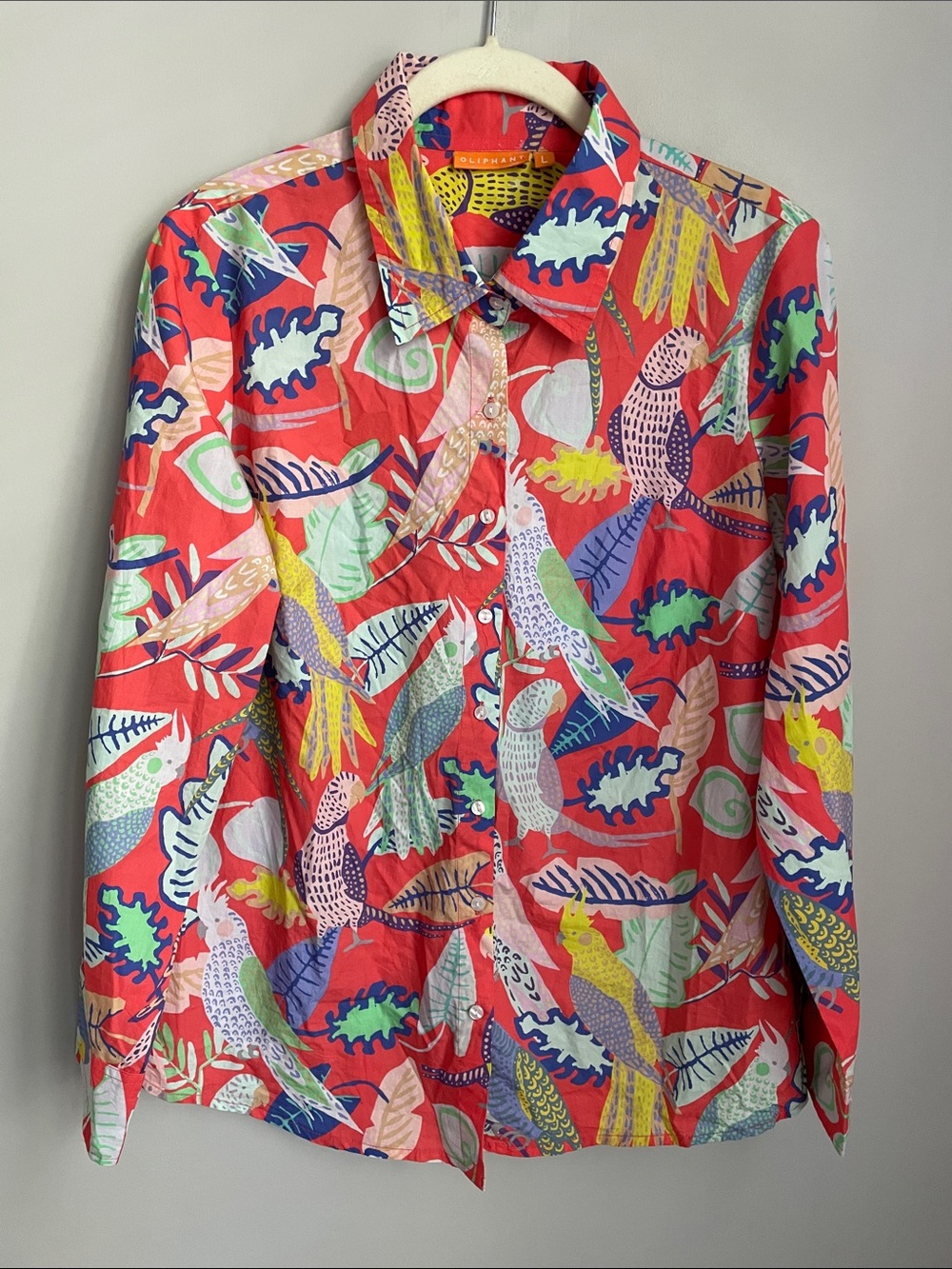 Oliphant Red Tropical Bird Print Button Up Long Sleeve Blouse Size Large